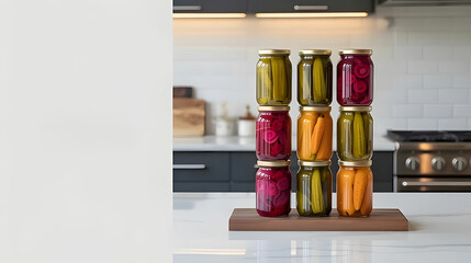 A row of jars with pickles and carrots on a wooden board