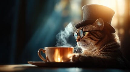 A cat wearing a top hat and glasses enjoys a steaming cup of coffee, creating a whimsical ambiance that combines humor and warmth in a cozy setting.