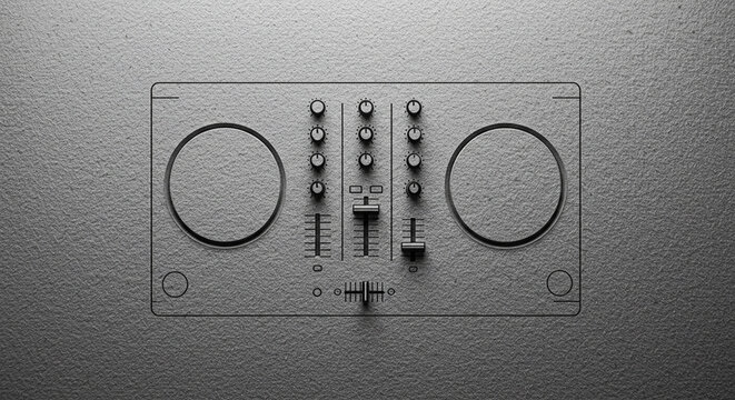 DJ mixer control panel with knobs and faders on grey background  
