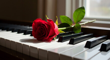 Red rose resting on piano keys with sunlight illuminating the scene  