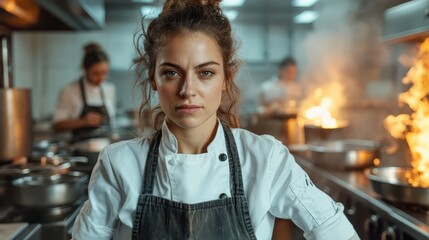 This image showcases a focused chef amidst a bustling kitchen, highlighting their professionalism and dedication to culinary excellence in a high-stakes cooking environment.