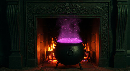 Black cauldron bubbling with purple potion in dark fireplace  