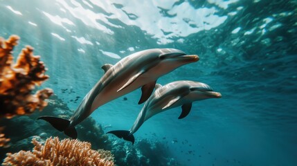 Obraz premium Two dolphins swim harmoniously in crystal-clear ocean waters, celebrating the freedom and beauty of marine life in their natural habitat amidst vibrant coral reefs.