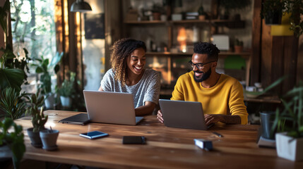 Fototapeta premium Multicultural couple working remotely together at a wooden table with laptops and tablets, digital nomads enjoying flexible lifestyle digital nomad couple, remote teamwork, freelan