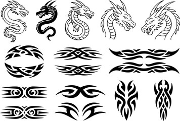 Dragon and Tribal Tattoo Designs vector bundle