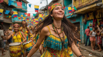 Smiling Woman Dancing in Traditional Colombian Parade During Independence Day Celebration with Colorful Flags and Street Festival Atmosphere