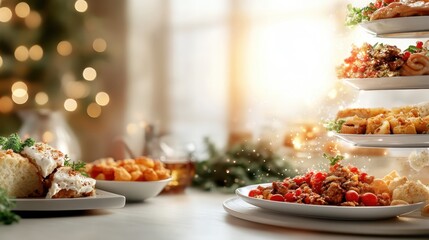 A beautifully arranged festive table filled with a variety of delicious dishes, capturing the joy of celebration and sharing, evoking warmth and happiness during gatherings.