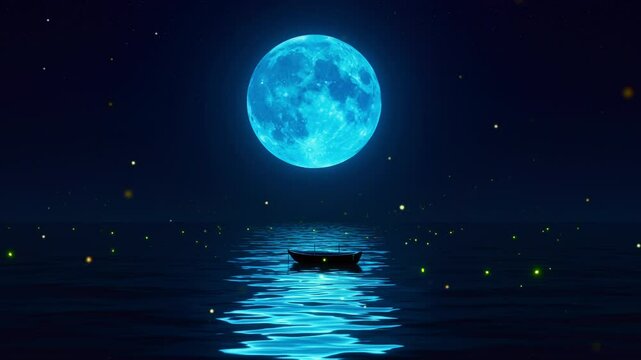 Pixel Art Blue Moon Night Sea with Small Boat