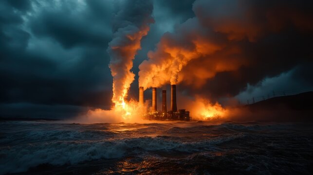 A striking image of a power plant belching smoke while flames erupt against a turbulent ocean backdrop, representing industrial power and the environmental impact of energy production.