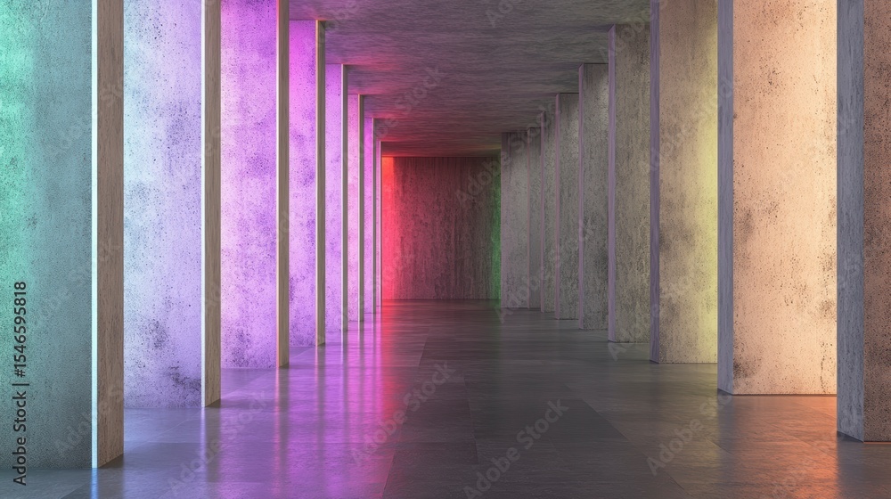Poster abstract colorful neon lit hallway with concrete pillars and reflective floor.