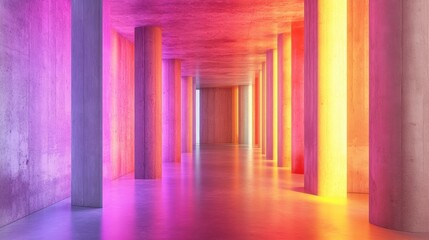 Fototapeta premium Colorful neon lights illuminate a long corridor with concrete pillars, creating a vibrant and futuristic atmosphere.