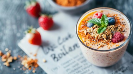 A colorful yogurt parfait adorned with fresh strawberries and blueberries, topped with crunchy granola, offering a delightful breakfast or snack option full of flavor.