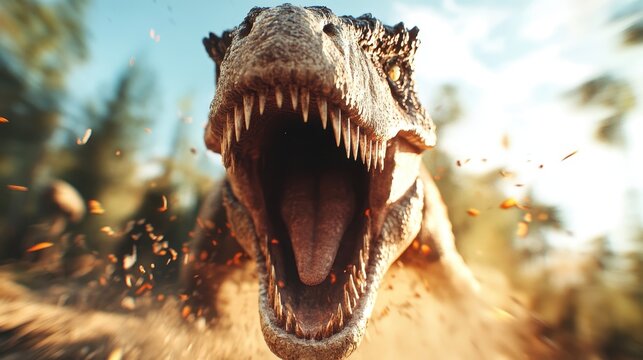 An intense close-up of a roaring T-Rex dinosaur amidst a prehistoric lush setting, showcasing its fierce nature and capturing the wild essence of the ancient world. - Powered by Adobe