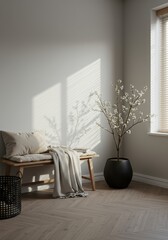 Minimalist Japandi Interior with Empty Wall and Natural Light