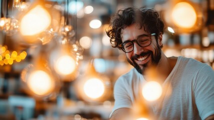 A happy man enjoying his time in a cozy cafe surrounded by warm, glowing lights that create a welcoming and cheerful atmosphere perfect for relaxation and socializing.