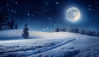 winter night scene with snowfall and moonlight