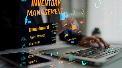 Obraz na płótnie Canvas Inventory management dashboard showing supply chain performance, stock levels, order cycle times, cost reduction, and procurement ROI. Inventory tracking, and streamline warehouse efficiency. Thunk