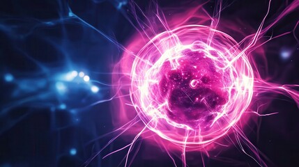 Obraz premium Nanotechnology. Abstract Physics Atom Proton Particle. Light Plasma Ball. Science Microscope Background. Virus Cell. Medical Science and Tech Inspired Abstract Background. Vector Illustration.