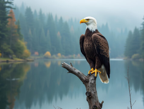 American bald eagle sits on a dead tree branch overlooking a lake - Powered by Adobe