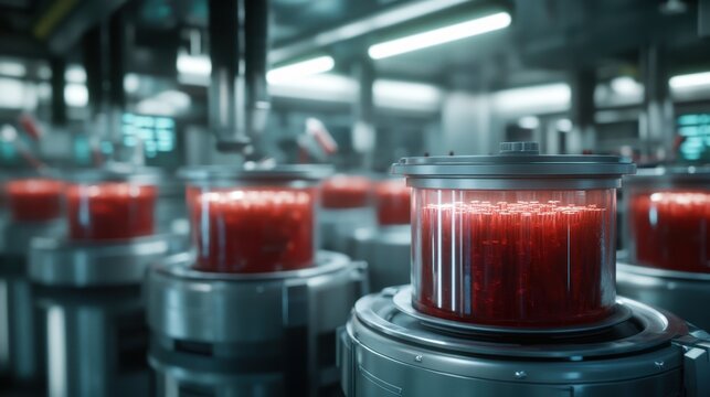 A high-tech laboratory scene featuring multiple storage containers filled with vibrant red liquid, emphasizing advanced technology and the concept of innovation in modern science and research.