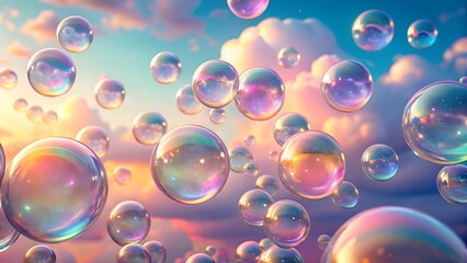 Many iridescent soap bubbles float in a pastel sunset sky
