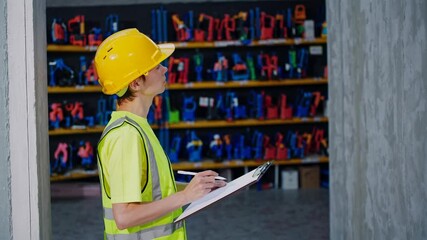Male warehouse worker in safety vest and helmet inspecting inventory with clipboard, industrial storage environment for logistics, supply chain, or workplace safety themes - Powered by Adobe