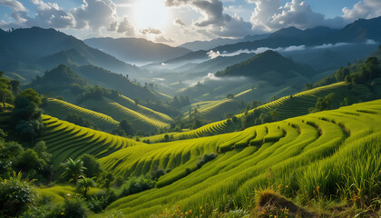Lush Green Rice Terraces in Southeast Asia at Sunrise