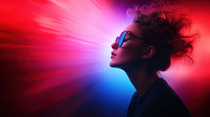 A fashionable woman with stylish sunglasses poses against a vibrant backdrop of colorful lighting, embodying modern artistic expression and confidence in urban style.