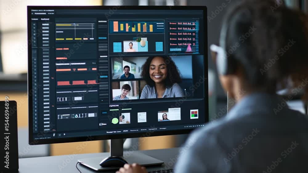 Poster a person wearing headphones is working on a computer with multiple data charts and a video call scre