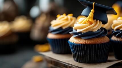 These beautifully crafted graduation cupcakes feature a rich frosting design topped with a classic mortarboard and tassel, perfect for celebrating academic achievements.