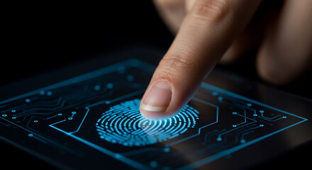Fototapeta premium A close up of a finger activating a futuristic glowing blue biometric fingerprint scanner for secure digital authentication and identity verification