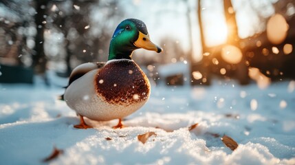 A colorful duck stands in a tranquil snowy setting, capturing the essence of winter wildlife, surrounded by falling snowflakes and glowing sunlight at sunset, creating magic.