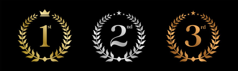 Award Winner Set Vector Illustration. Figures 1, 2, 3 In A Realistic Gold Silver Bronze with Laurel Wreath . Competition Game Concept. Isolated on black