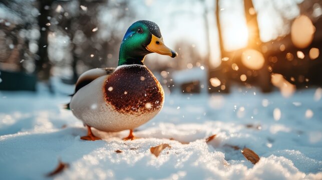 A colorful duck stands in a tranquil snowy setting, capturing the essence of winter wildlife, surrounded by falling snowflakes and glowing sunlight at sunset, creating magic.
