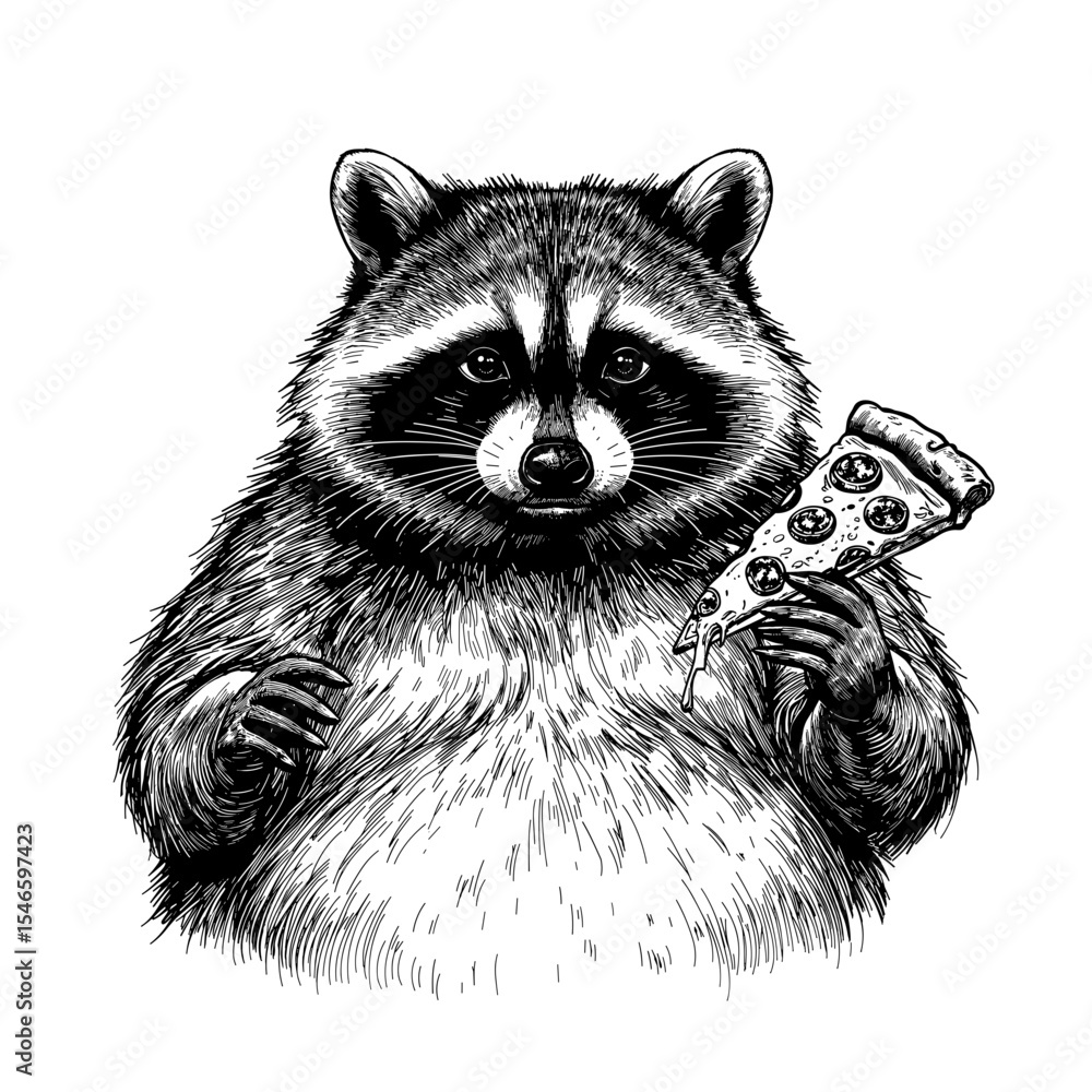 Poster a chubby raccoon with a mischievous grin holds a slice of pizza, creating a humorous and endearing i