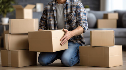 Man Packing Cardboard Boxes for Moving Day at Home.