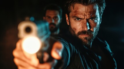 A tense moment captured in a dramatic action scene featuring a rugged man aiming a gun, showcasing a battle of wills and emotions amidst the shadows.