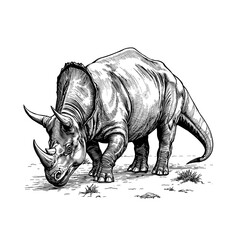 Fototapeta premium A majestic rhinoceros, captured in a detailed, pen-and-ink style illustration, standing in a natural environment. Emphasizing the rhino's powerful build, distinctive horns, and textured skin.