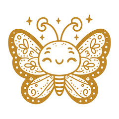 Gold and White Clip Art of a Cute Butterfly with a Cheerful Smile – Perfect for Coloring and Crafts