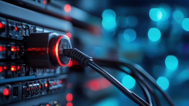 A close-up of a modern server unit with red illumination and cables showcases advanced technology, reflecting the essence of digital connectivity and the backbone of today's data-driven world.