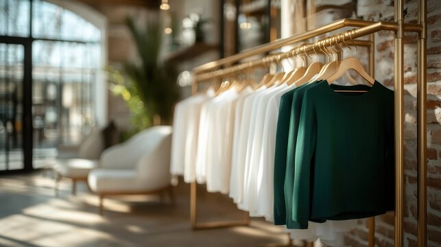 An elegant showcase of minimalistic clothing, perfectly illuminated by natural light, highlighting the simplicity and sophistication of the garments in a stylish retail environment.