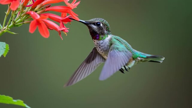 A vibrant hummingbird gracefully hovers by vivid orange blossoms, showcasing nature's beauty in a lush green garden environment