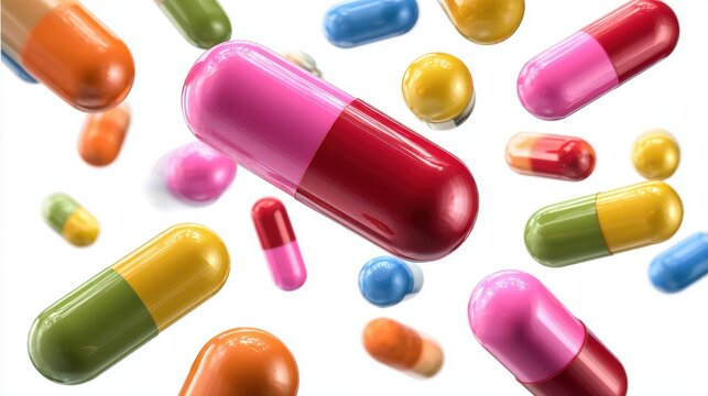 Capsulas de rem&Atilde;&fnof;&Acirc;&copy;dio, comprimidos flutuando no ar, isolados em fundo branco. Medicamentos, m&Atilde;&fnof;&Acirc;&copy;dicos, receitas, placebo. Cura para doen&Atilde;&fnof;&Acirc;&sect;as.