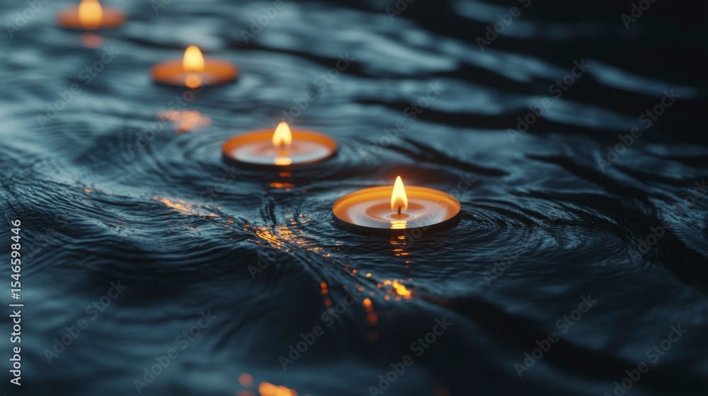 Poster three floating candles on dark water, creating ripples and warm light.