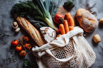 Fresh produce in reusable bag: healthy eating, zero waste lifestyle, farmers market haul, food shopping trip