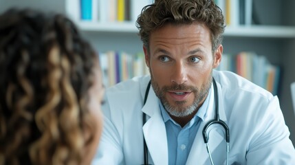 A compassionate doctor converses with a patient in a clinical setting, conveying care and professionalism. The interaction highlights the importance of doctor-patient relationships.