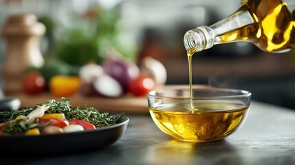 A close-up of olive oil being poured into a bowl, showcasing its rich color and texture, conveying the essence of cooking and healthy culinary practices.