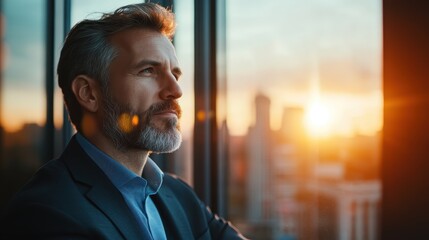 A well-dressed businessman gazes thoughtfully out of a skyscraper window at a stunning sunset, reflecting on life and success, merging professional ambition with personal contemplation.