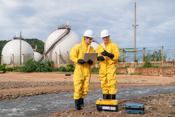 Two men in yellow protective suits are looking at a laptop. They are standing near a body of water. Wastewater testing, Wastewater treatment system, water quality testing