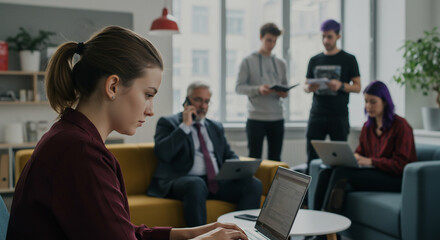 A diverse group of colleagues collaborating in a contemporary open plan office while a woman focuses on her laptop in the foreground